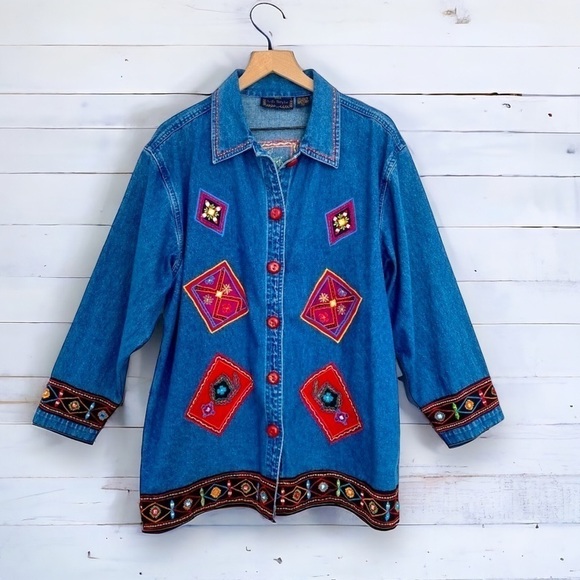Life Style Y2K Embroidered Patchwork Denim Jean Button Down Shacket Jacket Shirt - Picture 2 of 10
